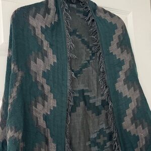 Blue and Gray Reversible Geometric Shawl with fringing